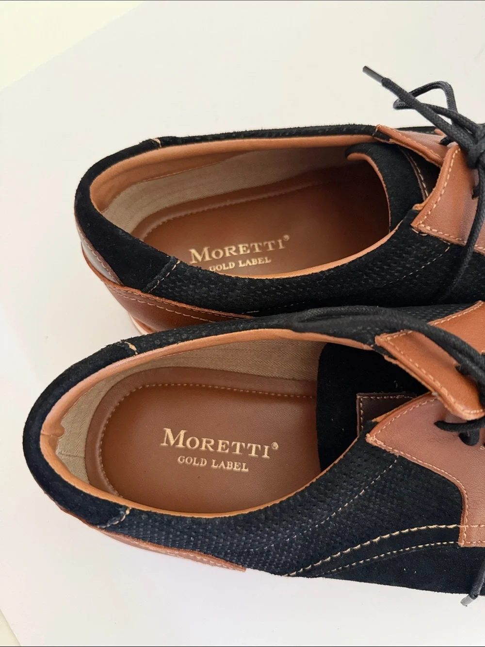 Moretti Men's Black and Brown Casual Plain Toe Oxfords Sz 14D.  New. Tub9